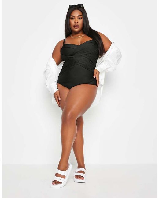Yours Clothing Black Double Crossover Tummy Control Swimsuit