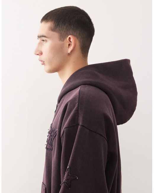 Sweat à capuche zippé coupe carrée avec imprimé graphique et bords bruts - violet délavé acide Weekday pour homme en coloris Blue