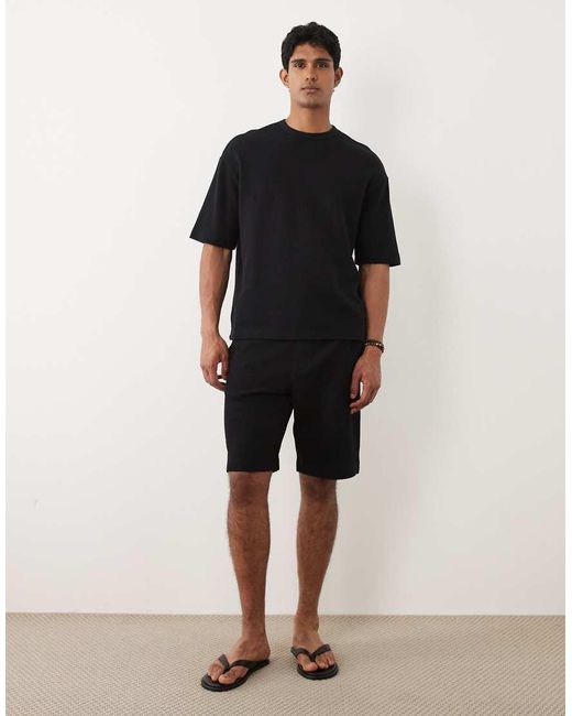SELECTED Black Co-ord Waffle T-shirt for men