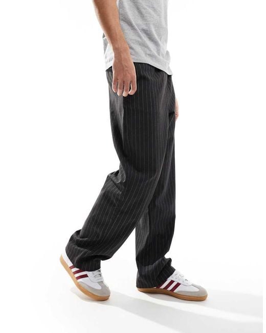 Bershka Black Wide Leg Pinstripe Trouser for men