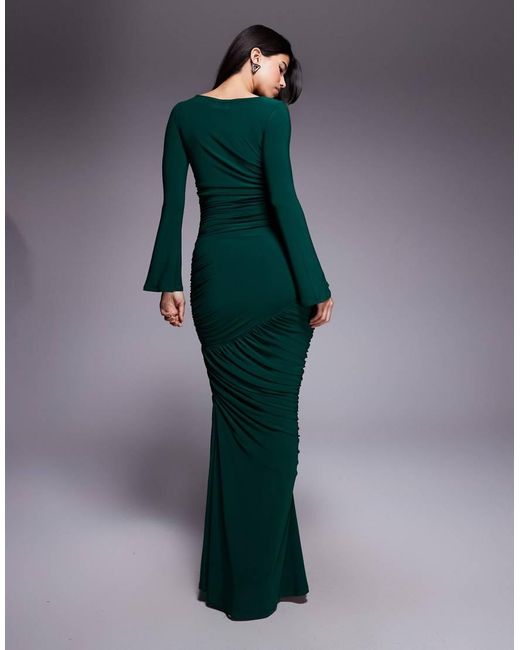 ASOS Green Sculpting Gauged Panelled Maxi Dress With Long Sleeves