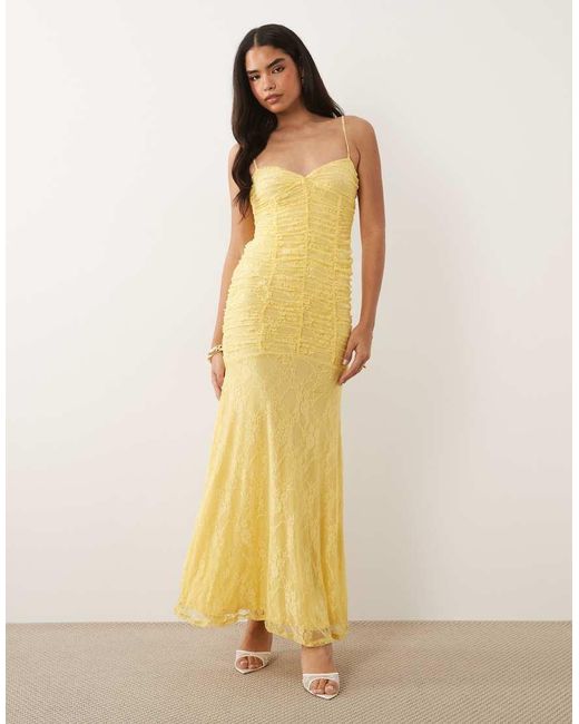 ASOS Natural Mesh Fishtail Maxi Dress With Lace Trim Detail And Ruched Bodice