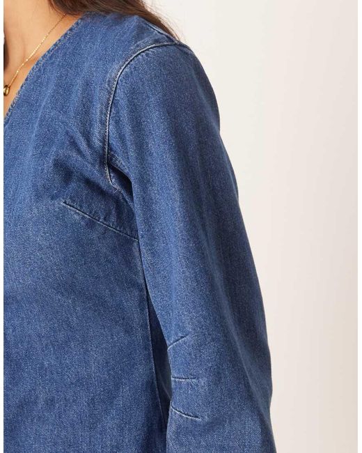 ASOS Blue Denim High V Neck Mini Dress With Cocoon Sleeve