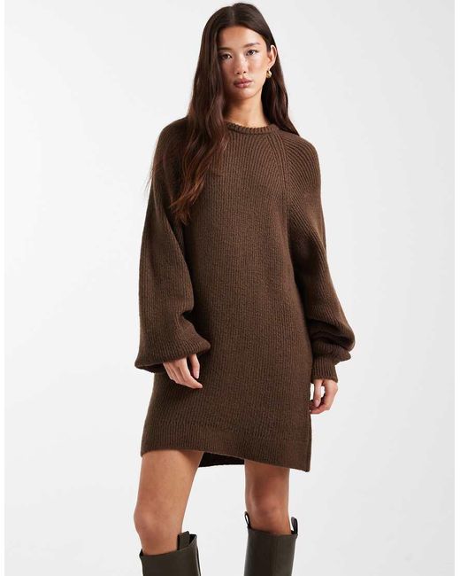 ASOS Brown Knitted Oversized Jumper Dress With Balloon Sleeve