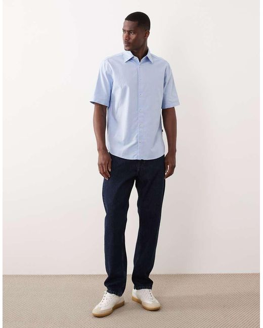 Boss Blue Regular Fit Cotton Short Sleeve Button Up Shirt for men