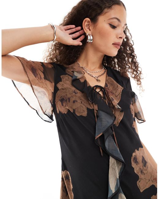 Reclaimed (vintage) Black Midi Dress With Tie Front And Ruffles
