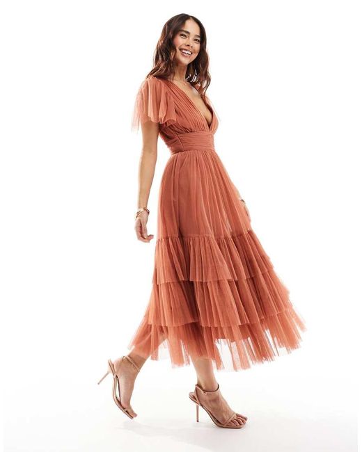 LACE & BEADS Orange Bridesmaid Madison V Neck Tulle Midi Dress