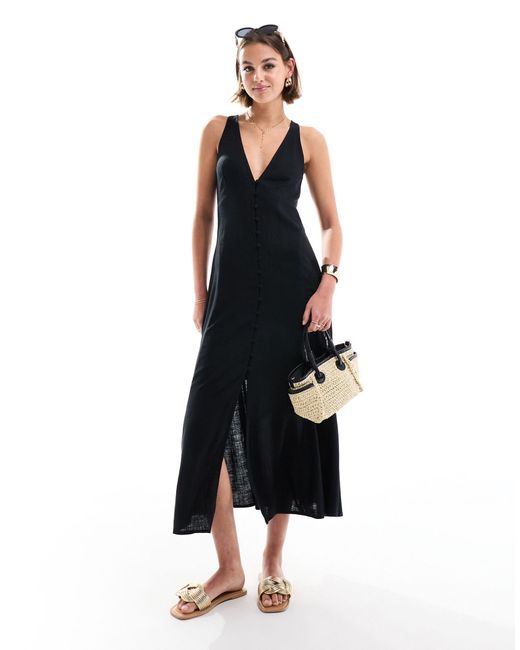 ASOS Black Button Down Linen Midi Dress With Full Skirt