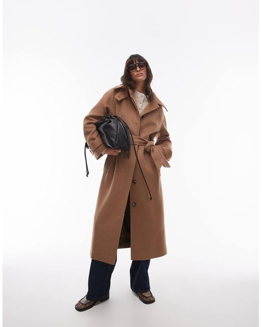 TOPSHOP Brown Tab Belted Car Coat Twill