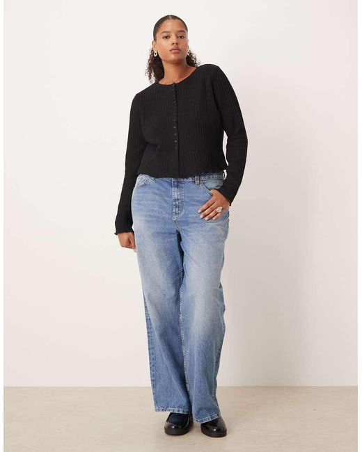 ASOS Black Asos Design Curve Textured Button Through Long Sleeve Top