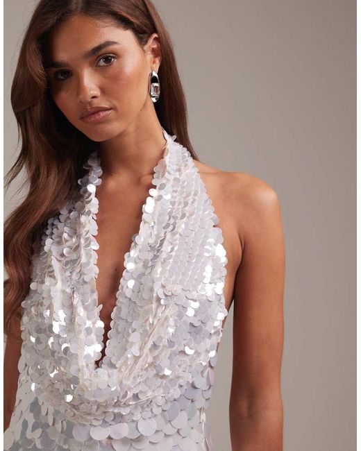 ASOS White Large Paillette Sequins Plunge Halter Neck Wedding Maxi Dress