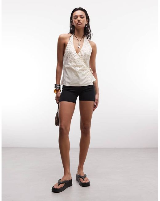 Collusion White Wrap Halter Top With Shell Buttons