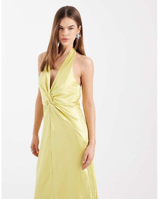 Six Stories Yellow Bridesmaid Satin Halter Neck Plunge Twist Detail Maxi Dress