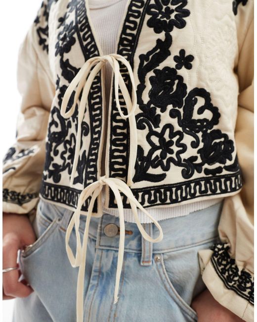 Free People White Tie Detail Embroidered Crop Jacket