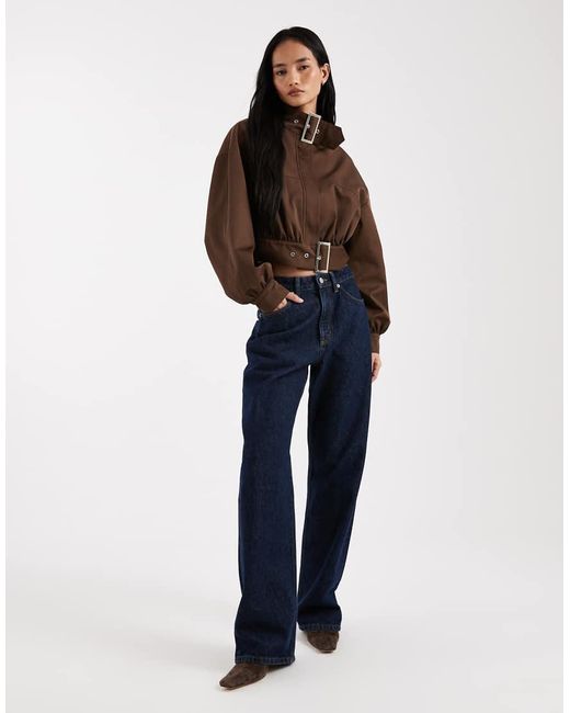ASOS Brown Funnel Neck Cropped Jacket With Buckle Detail