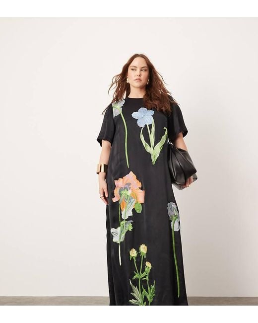 ASOS Black Curve Satin Floral Embroidered T-shirt Maxi Dress