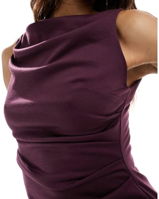 ASOS Purple Slash Neck Ponte Midi Dress With Ruched Side Detail