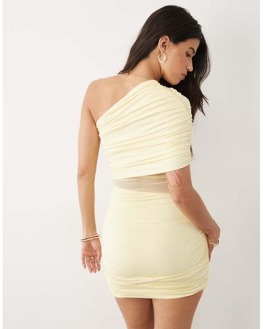 Aria Cove Natural Double Layered Slinky Detail One Shoulder Ruched Detail Mesh Insert Mini Dress