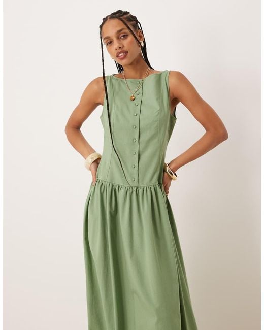ASOS Green Slash Neck Button Down Dropped Waist Maxi Dress