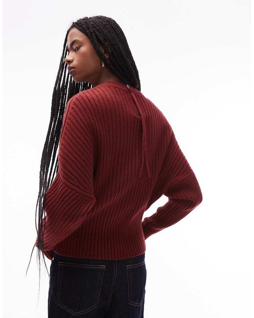 ARKET Red Pure Wool Ribbed Sweater With Cinched Waist And Batwing Sleeves