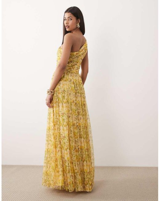 LACE & BEADS Metallic Tulle One Shoulder Maxi Dress