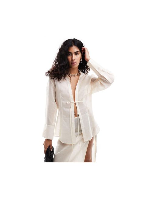 Mango White Selection Tie Front Sheer Co-ord Shirt