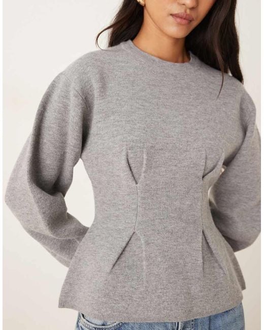 Gina Tricot Gray Long Sleeve Sculpted Crew Neck Knitted Peplum Sweater
