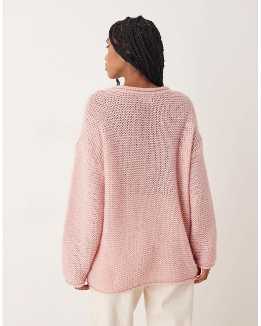 ASOS Pink Knitted Relaxed Slash Neck Jumper With Rolled Edge Detail