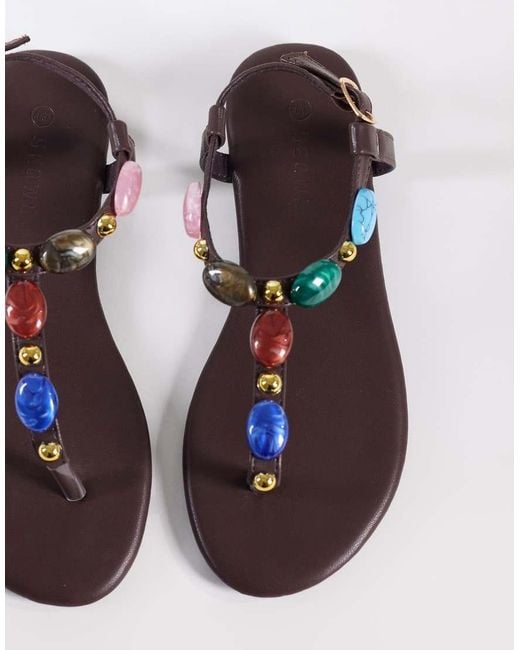 SEQWL Brown Embellished Strappy Flat Sandals