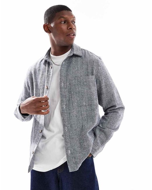 ASOS Gray Herringbone Overshirt With Patch Pocket for men