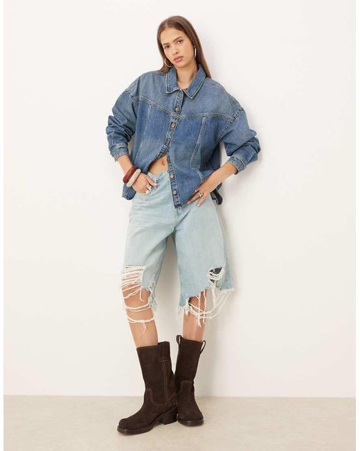Camicia Giacca Di Jeans Medio Con Cuciture di JJXX in Blue