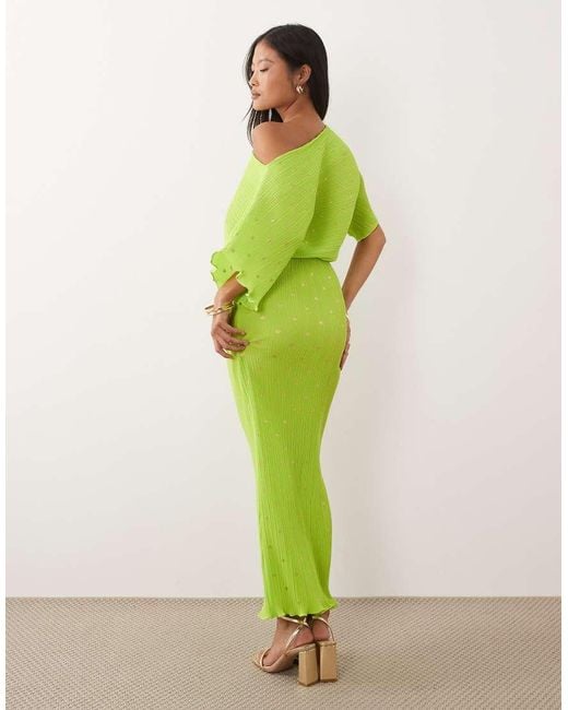 Never Fully Dressed Green Petite Tilly Off Shoulder Plisse Maxi Dress