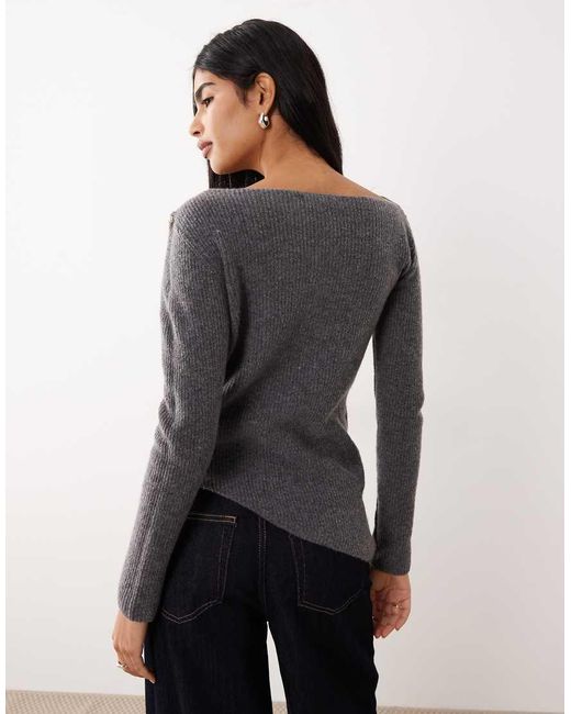 Mango Gray Wool Mix Boat Neck Asymmetric Hem Knitted Top