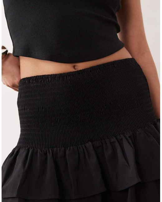 Vila Black Shirred Waist Tiered Mini Skirt