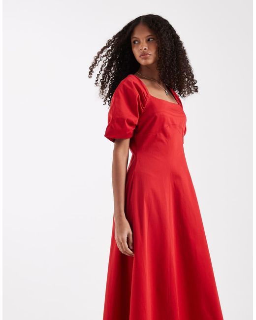 ASOS Red Square Neck Structu Cotton Midi Dress With Back Strap