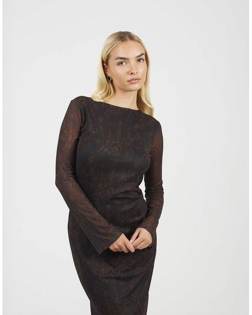 Brave Soul Brown Snake Print Long Sleeve Mesh Maxi Dress