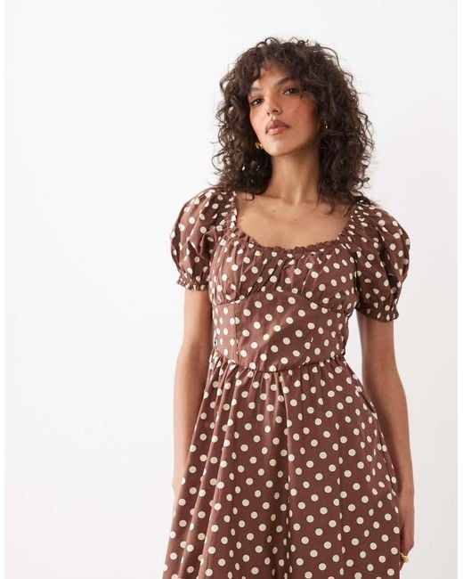 New Look Brown Polka Dot Milkmaid Midi Dress