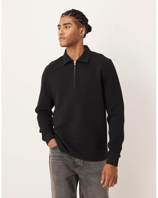 ASOS Black Quarter Zip With Ribbed Collar for men