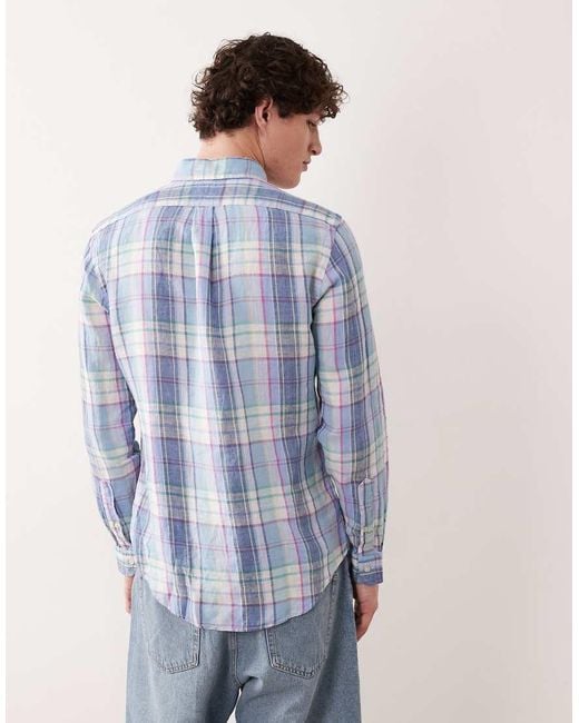 Polo Ralph Lauren Blue Icon Logo Checked Linen Long Sleeve Shirt for men