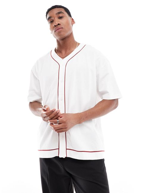 ASOS White Oversized Fit Button Up Baseball T-shirt With Contrast Piping for men