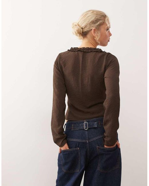 Collusion Brown Long Sleeve Ruffle Blouse