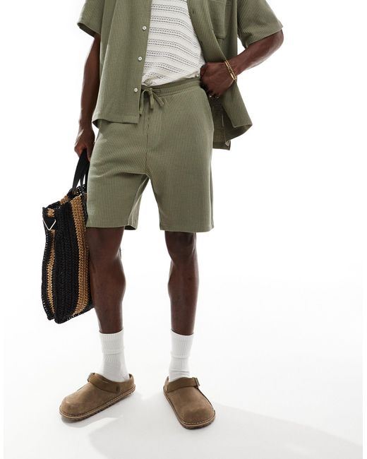 SELECTED Green Co-ord Waffle Shorts for men