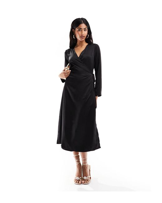 ONLY Black Satin Wrap Midi Dress