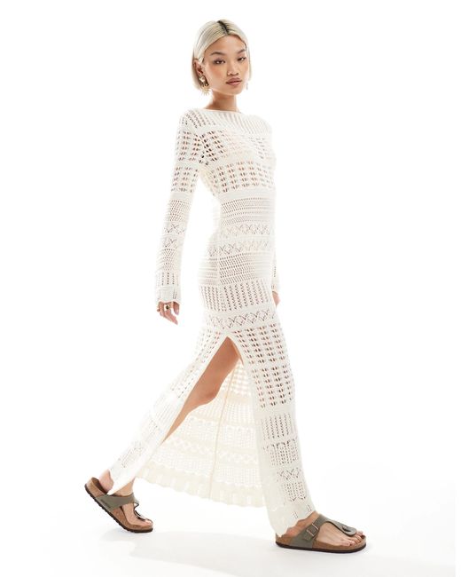 Miss Selfridge White – langärmliges maxikleid aus häkelstrick