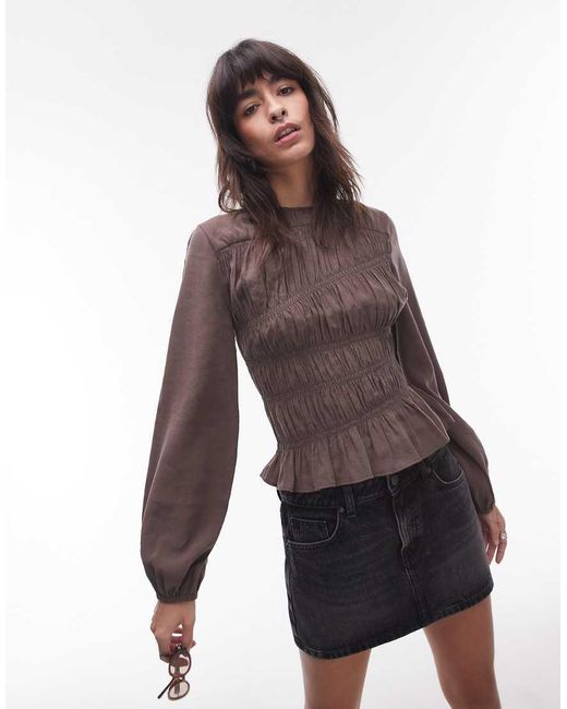 TOPSHOP Brown Asymmetric Shirred Top