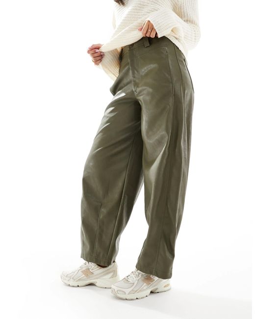 ASOS Green Faux Leather Barrel Leg Trousers With Seam Detail