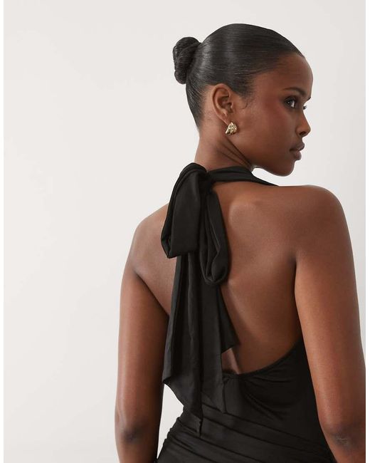 Murci Natural Slinky Cowl Halterneck Plunge Detail Ruffle High-low Maxi Dress