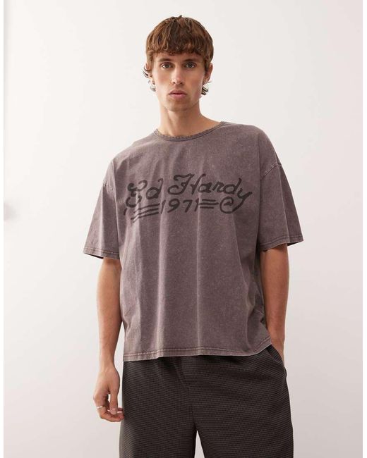 Ed Hardy Brown Back Graphic Boxy Short Sleeve T-Shirt for men