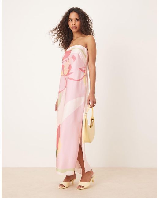 Abercrombie & Fitch Strapless Maxi Jurk Van Satijn Met Bloemenprint in het Pink