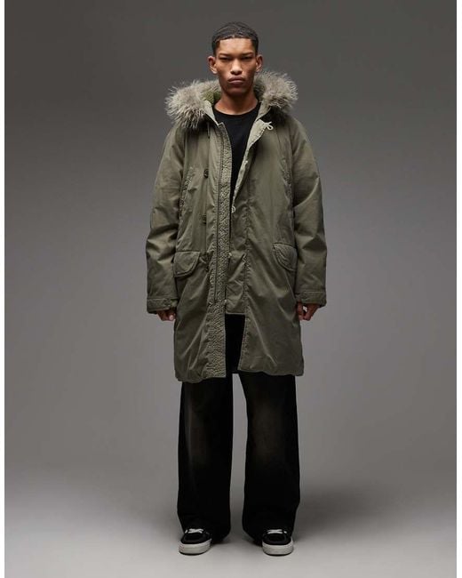 Collusion Gray Faux Fur Lined Longline Parka for men